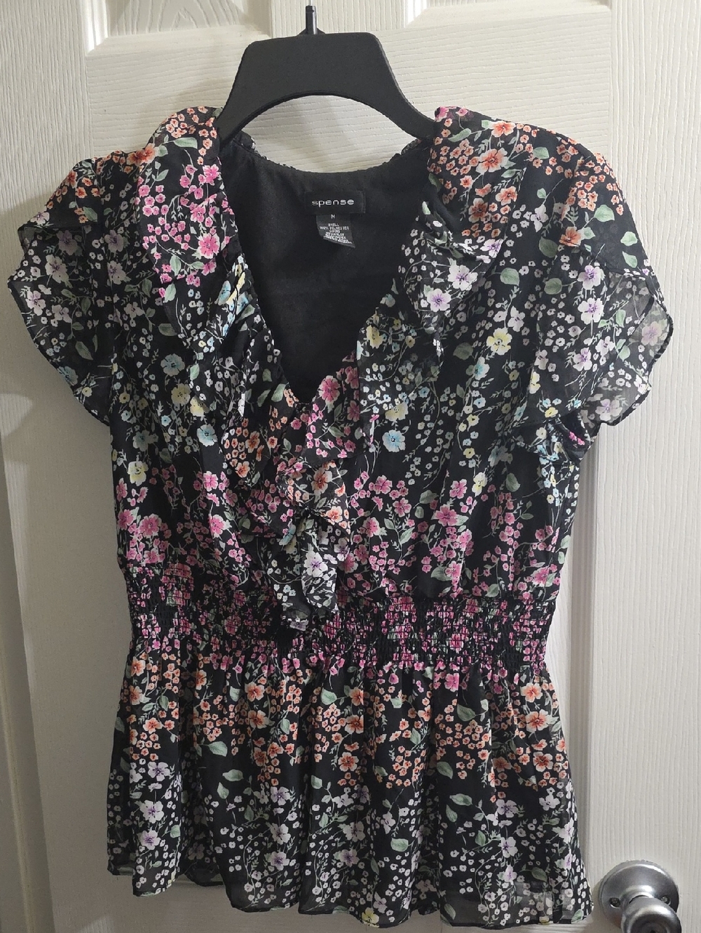 Spense Black Floral Ruffle Peplum Blouse Size M